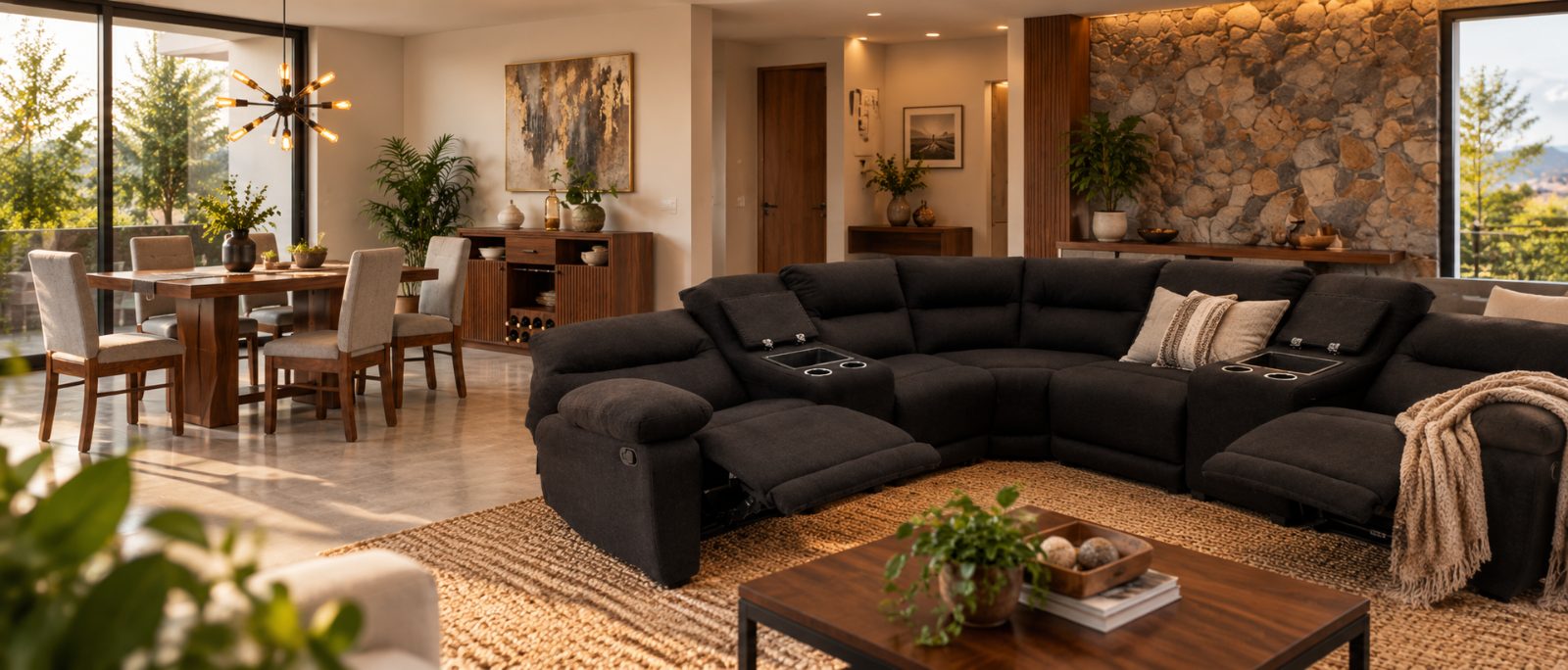 Sala esquinera reclinable y comedor en un hogar